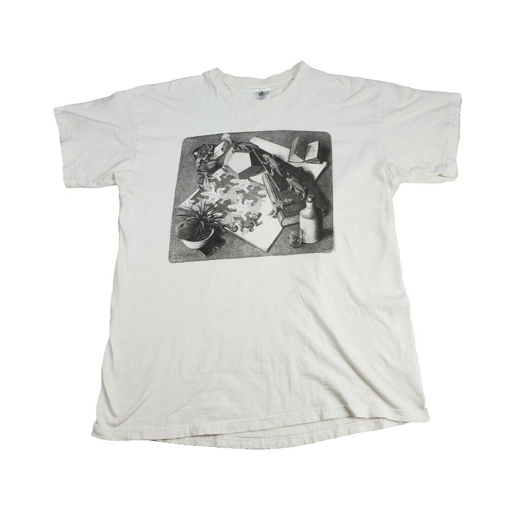 M.C. Escher Reptiles Art Print T-shirt Sz Large 90's 2D Hexagon Alligator Plant